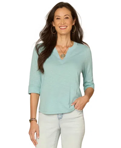Democracy Petite 3/4-sleeve Split Neckline Knit Top In Blue
