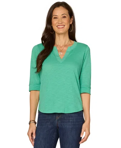 Democracy Petite 3/4-sleeve Split Neckline Knit Top In Green