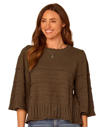 Democracy Petite Bell-sleeve Round Neck Sweater In Green