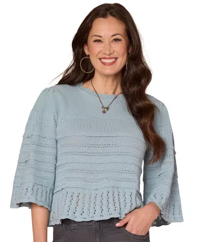Democracy Petite Bell-sleeve Round Neck Sweater In Nile Blue