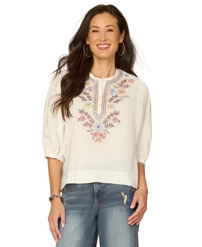 Democracy Petite Below-blouson Pleated Sleeve Crew Neck Woven Top In Multi