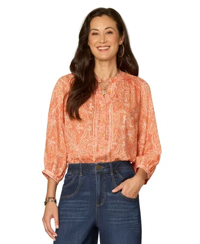 Democracy Petite Below-elbow Blouson-sleeve Stand Collar Top In Multi