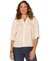 Democracy Petite Below Elbow Button-down Top In Neutral