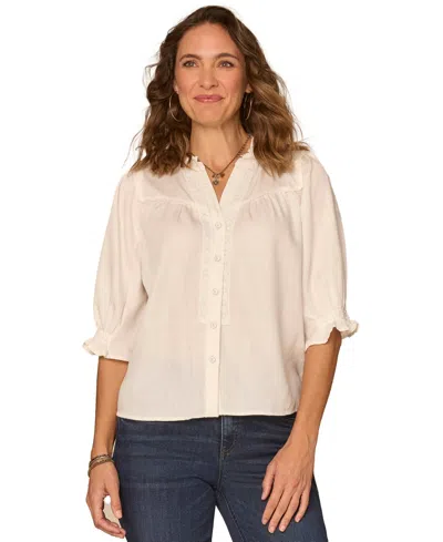 Democracy Petite Below Elbow Button-down Top In Neutral
