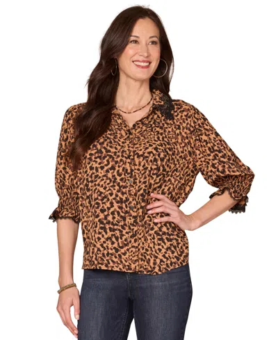 Democracy Petite Below Elbow Lantern Sleeve Top In Animal Print