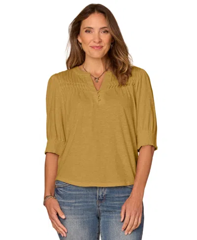 Democracy Petite Blouson-sleeve Mandarin Collar Knit Top In Yellow