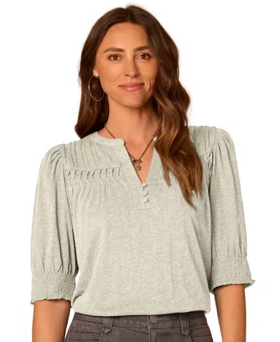 Democracy Petite Blouson-sleeve Mandarin Collar Knit Top In Gray