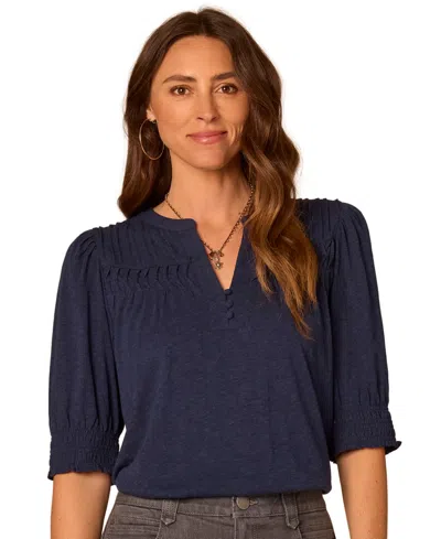 Democracy Petite Blouson-sleeve Mandarin Collar Knit Top In Heather Midnight