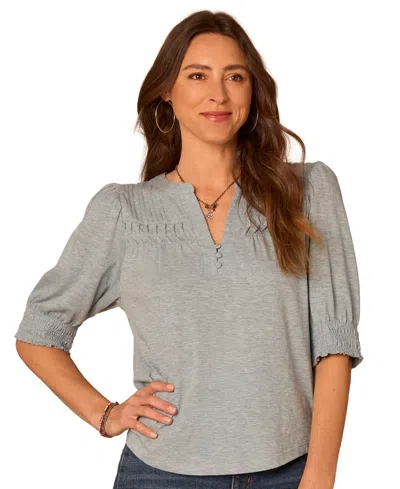 Democracy Petite Blouson-sleeve Mandarin Collar Knit Top In Gray