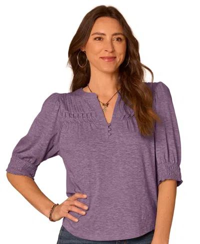 Democracy Petite Blouson-sleeve Mandarin Collar Knit Top In Heather Plum
