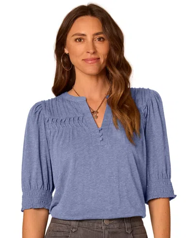Democracy Petite Blouson-sleeve Mandarin Collar Knit Top In Blue