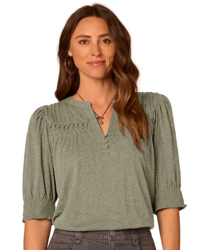 Democracy Petite Blouson-sleeve Mandarin Collar Knit Top In Green