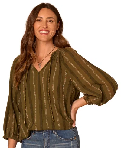 Democracy Petite Blouson-sleeve Split Neck Woven Top In Green