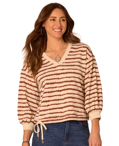 Democracy Petite Blouson-sleeve V-neck Knit Top In Neutral