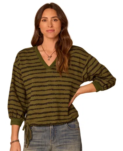 Democracy Petite Blouson-sleeve V-neck Knit Top In Green