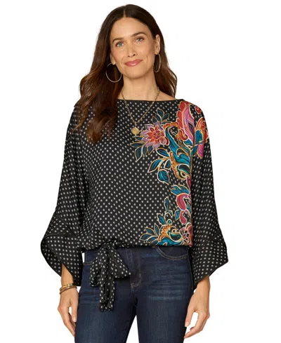 Democracy Petite Boat Neck Dolman-sleeve Printed Top In Multi