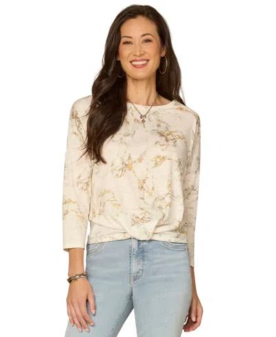 Democracy Petite Boat Neck Floral Embroidered Top In Neutral