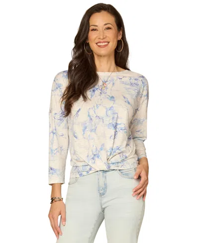 Democracy Petite Boat Neck Floral Embroidered Top In Gray