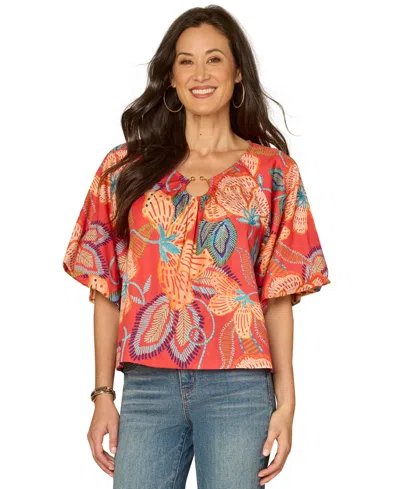 Democracy Petite Bubble Bell-sleeve V-neck Printed Woven Top In Red