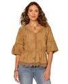 Democracy Petite Bubble-sleeve Split Neck Top In Multi