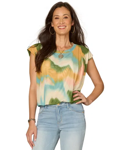 Democracy Petite Cap-sleeve Printed Round Neck Knit Top In Multi