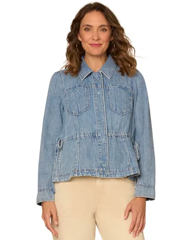 Democracy Petite Collared Neck Peplum Jacket In Blue
