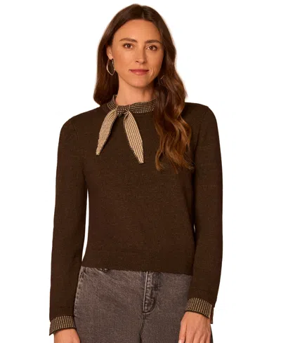 Democracy Petite Contrast-detail Self-tie Crewneck Pull-on Sweater In Brown