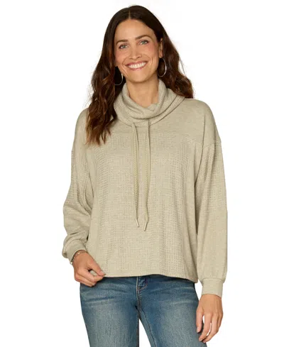 Democracy Petite Cowl Neck Ties Mix Media Knit Top In Neutral