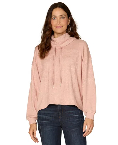 Democracy Petite Cowl Neck Ties Mix Media Knit Top In Pink