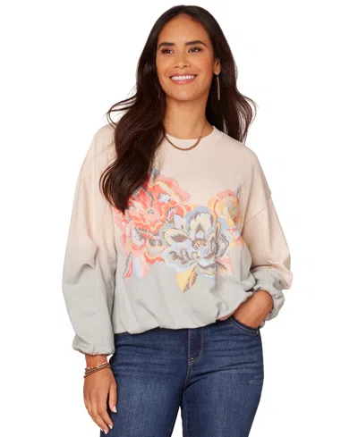 Democracy Petite Crewneck Bubble Knit Top In Ecru-blue
