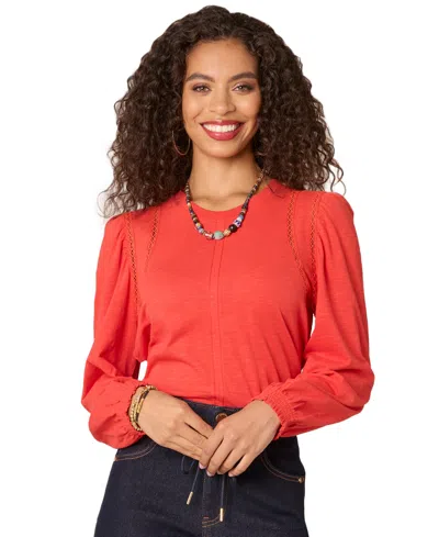 Democracy Petite Crewneck Crochet Long-sleeve Top In Pore Poppy