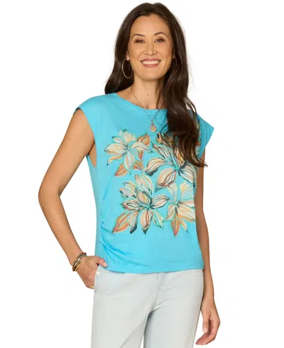 Democracy Petite Crewneck Knit Printed Top In Blue
