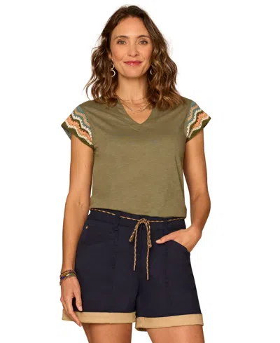 Democracy Petite Crochet Cap-sleeve Notched Neck Knit Top In Green