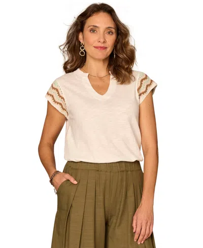 Democracy Petite Crochet Cap-sleeve Notched Neck Knit Top In Neutral