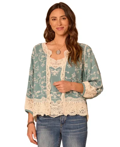Democracy Petite Crochet Framing Cropped Open-front Jacket In Blue