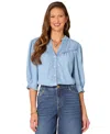 Democracy Petite Crochet-trim Chambray Button-front Shirt In Lb Light B