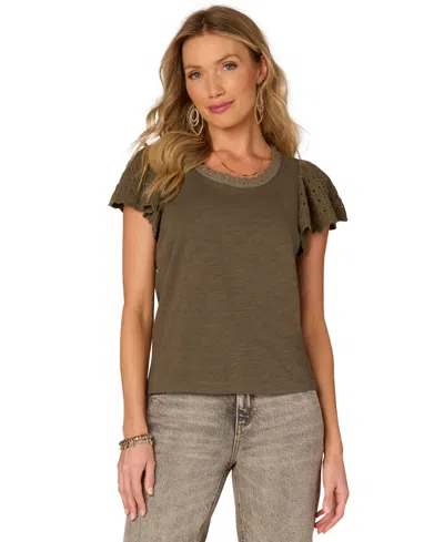 Democracy Petite Crochet-trim Flutter-sleeve Knit Top In Green