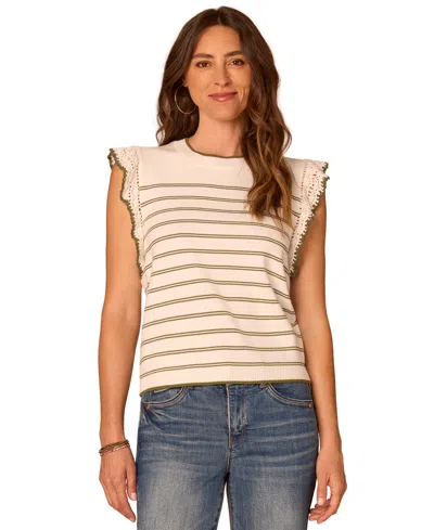 Democracy Petite Crochet-sleeve Striped Round Neck Sweater Tank In Gray
