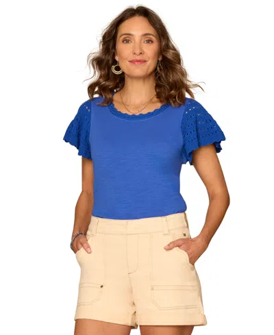 Democracy Petite Crochet-trim Flutter-sleeve Knit Top In Blue