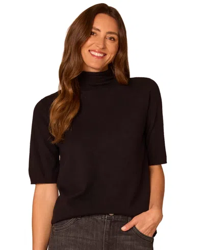 Democracy Petite Draped Mock-neck Short-sleeve Sweater In Black