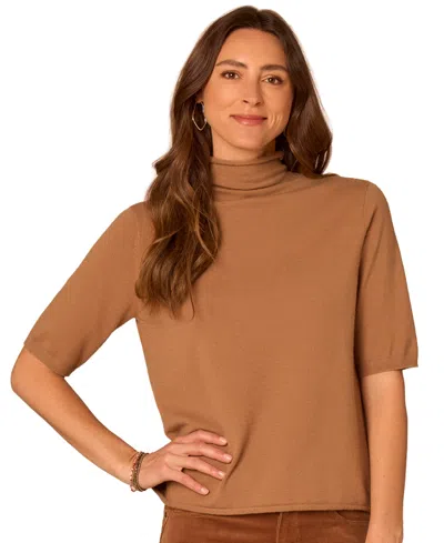 Democracy Petite Draped Mock-neck Short-sleeve Sweater In Brown