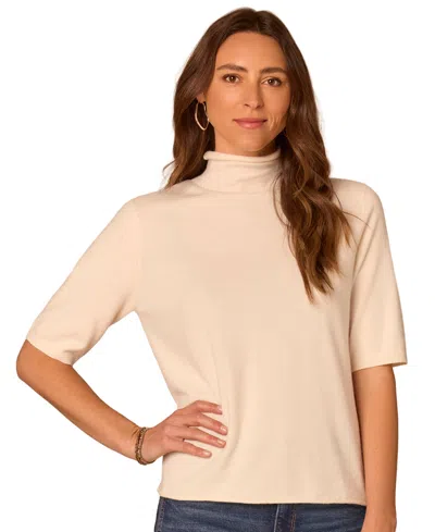 Democracy Petite Draped Mock-neck Short-sleeve Sweater In Neutral