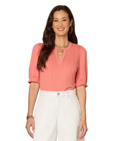 Democracy Petite Elbow Puff Sleeve Mandarin Collar Knit Top In Pink