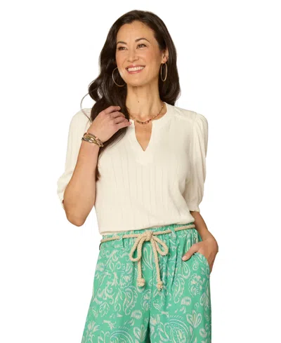 Democracy Petite Elbow Puff Sleeve Mandarin Collar Knit Top In Neutral