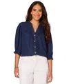 Democracy Petite Elbow-sleeve Button-front Shirt In In Indigo