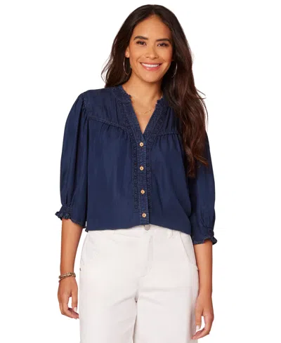 Democracy Petite Elbow-sleeve Button-front Shirt In In Indigo