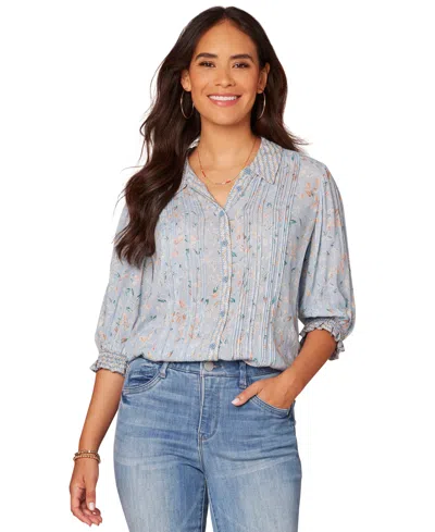 Democracy Petite Elbow-sleeve Pintuck Blouse In Blue Crush
