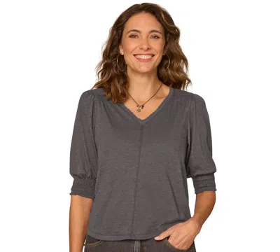 Democracy Petite Elbow-length Blouson Scalloped V-neck Blouse In Gray