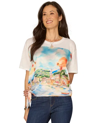 Democracy Petite Elbow-sleeve Crewneck Printed Top In Gray