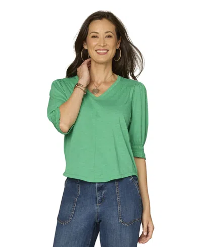 Democracy Petite Elbow-sleeve Knit Top In Green